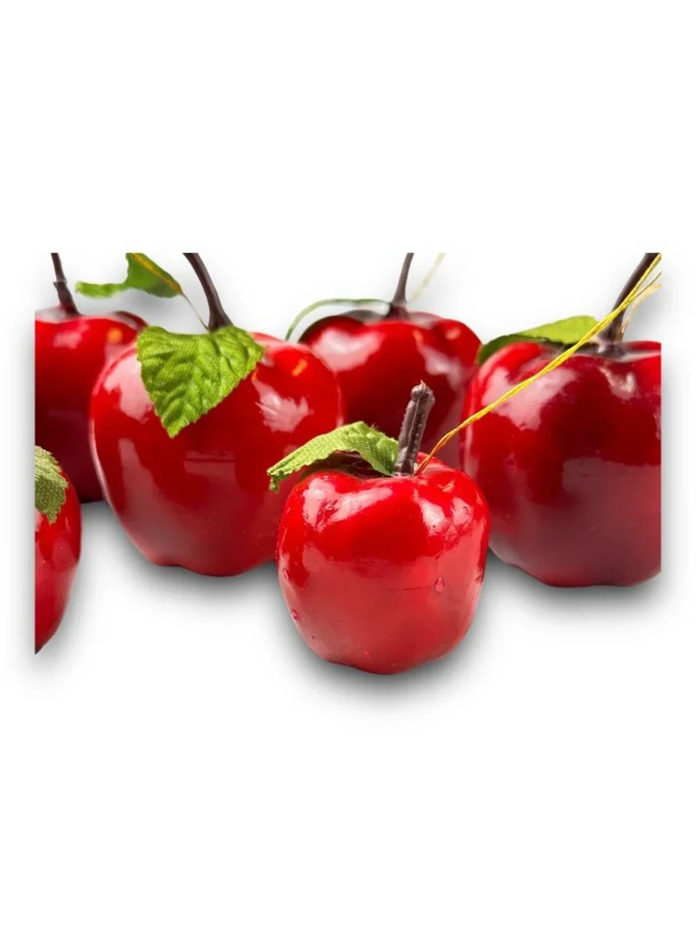 Set Of 7 Faux Red Apple Ornaments With Green Leaves & Stems For Seasonal Decor O